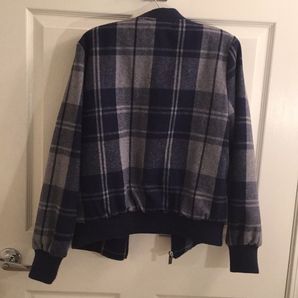 Blue Plaid Faux Sherpa Lined Bomber Jacket - image 2